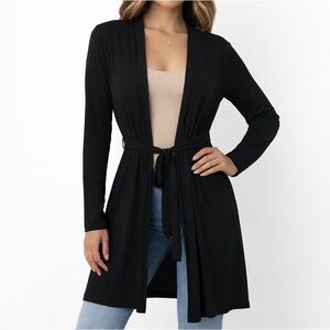 Susan Lucci Black Longline Tie-Front Cardigan | Size L Soft Stretch Duster Wrap